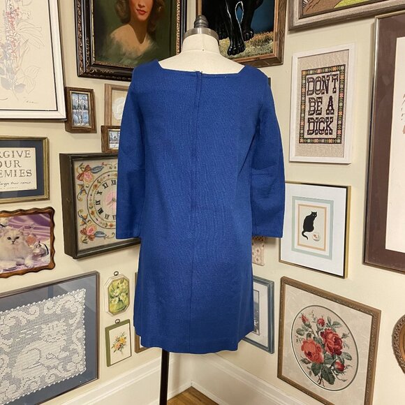 60s Vintage Classic Dark Blue Square Neck Burlap Shift Dress with Pockets Size M - Picture 4 of 7